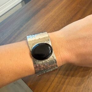 Silver Hammered Cuff Bracelet with Black Stone